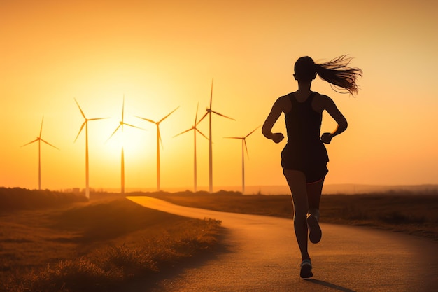una donna in corsa su una strada con mulini a vento sullo sfondo