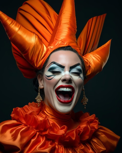 una donna in costume arancione con la bocca aperta