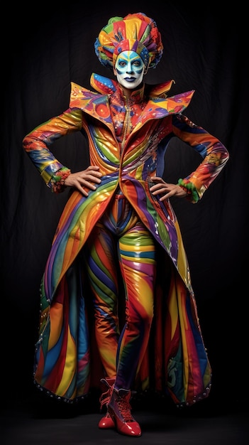 Una donna in costume arcobaleno con uno sfondo nero.