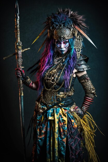 Una donna in costume colorato con una spada e una spada.