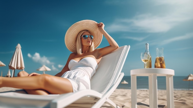 una donna in costume da bagno bianco su un divano sullo sfondo dell'oceano marino AIGenerativ