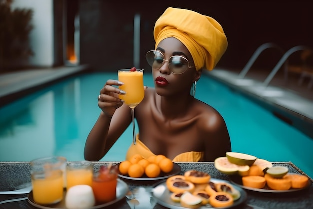 Una donna in costume da bagno giallo siede accanto a una piscina con succo d'arancia e un piatto di frutta.