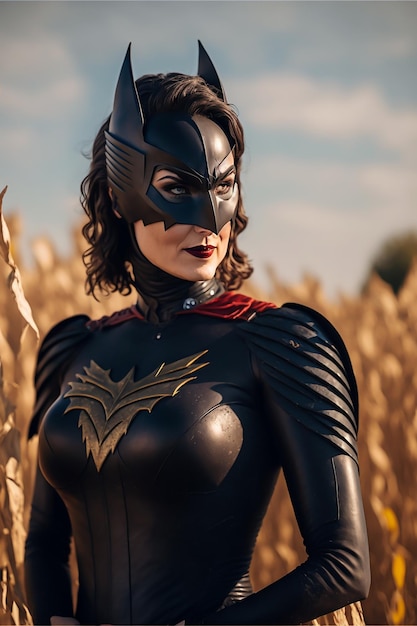 Una donna in costume da Batman si trova in un campo
