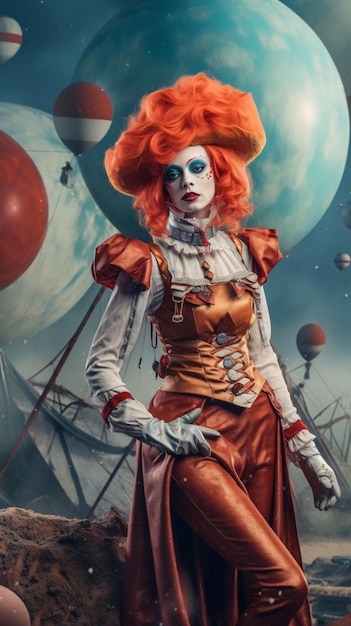 Una donna in costume da clown si trova di fronte a un cielo azzurro con poche nuvole.