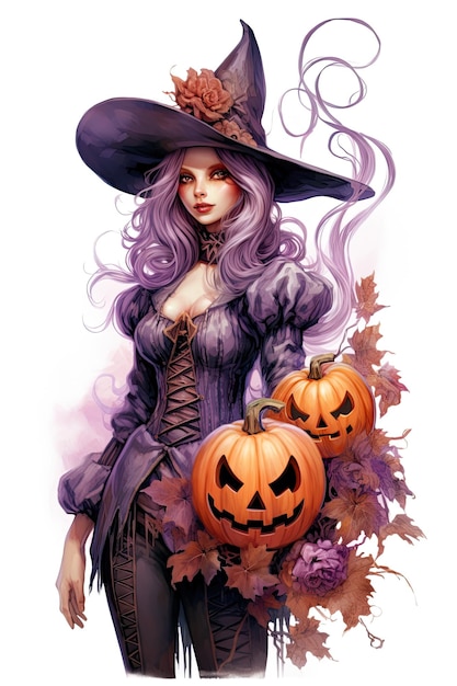 Una donna in costume da strega con in mano due zucche generative ai image