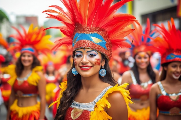 Una donna in costume di carnevale con piume sulla testa e un copricapo rosso