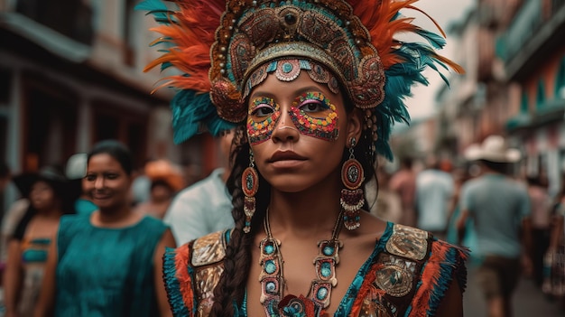 Una donna in costume di carnevale si trova in mezzo alla folla.