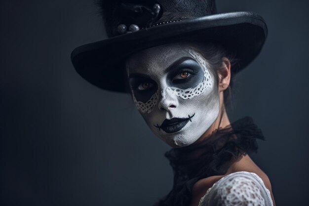 Una donna in costume di Halloween con cappello e trucco.