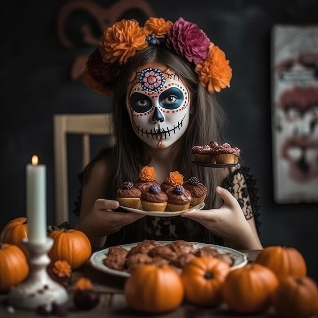 Una donna in costume di Halloween con una faccia da teschio di zucchero che tiene in mano un piatto di muffin.