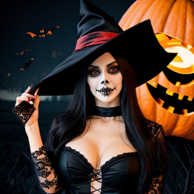 una donna in costume di Halloween posa con una zucca con un cappello da strega e lingerie