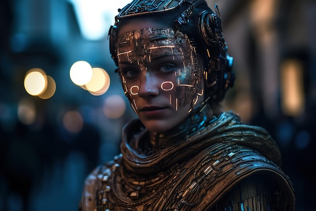 Una donna in costume futuristico con una maschera facciale e un cartello che dice "alieno"