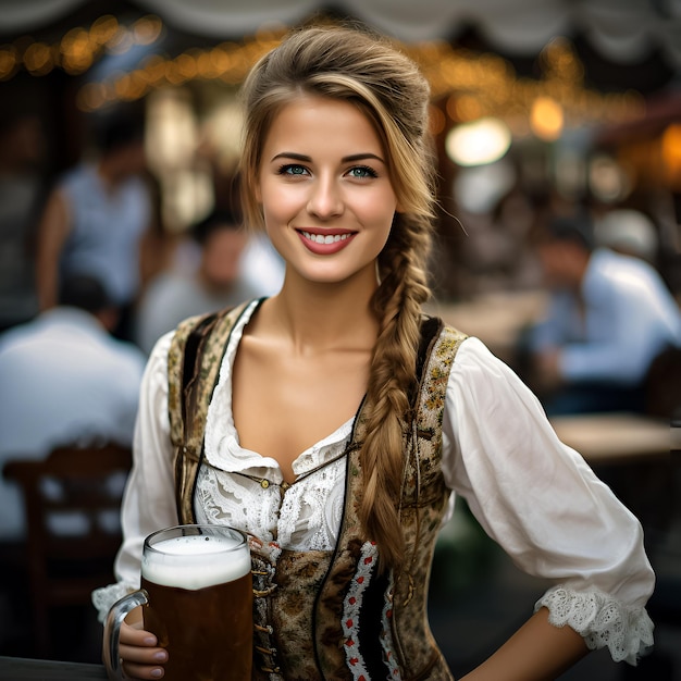 una donna in costume medievale posa per una foto con un grande bicchiere di birra.