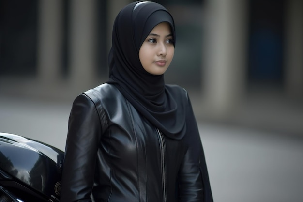 Una donna in giacca di pelle e hijab cammina per strada.