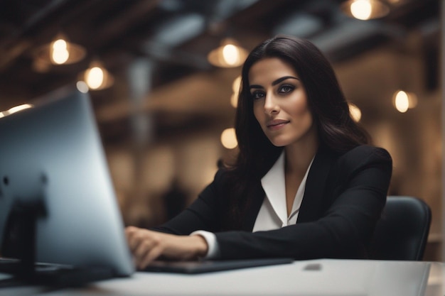 Una donna in giacca e cravatta è seduta a una scrivania con un computer portatile.