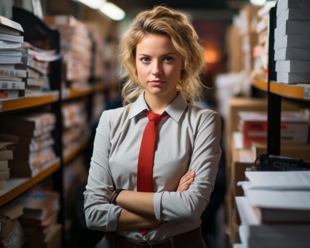 una donna in giacca e cravatta in piedi in un magazzino