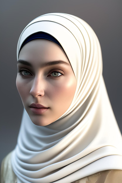 Una donna in hijab bianco e occhi azzurri