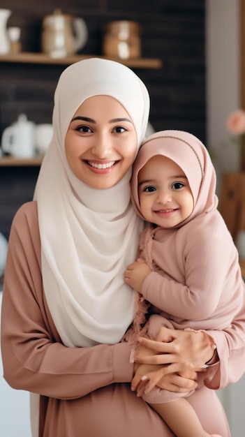 una donna in hijab che tiene in braccio un bambino