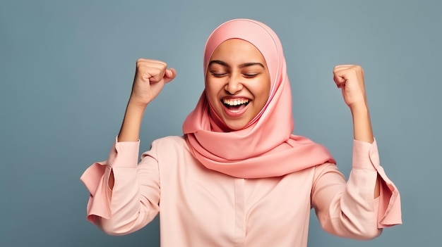 Una donna in hijab con le mani alzate.