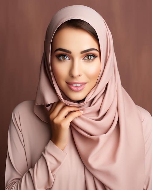 una donna in hijab con una sciarpa rosa sulla testa