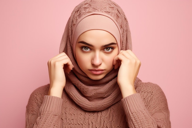 Una donna in hijab indossa un maglione beige.