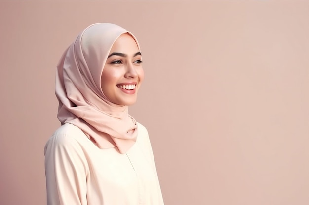 Una donna in hijab rosa si trova di fronte a un muro rosa