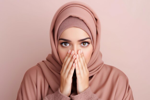 Una donna in hijab si copre la bocca con le mani.