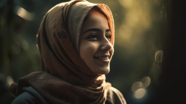 Una donna in hijab sorride alla telecamera.