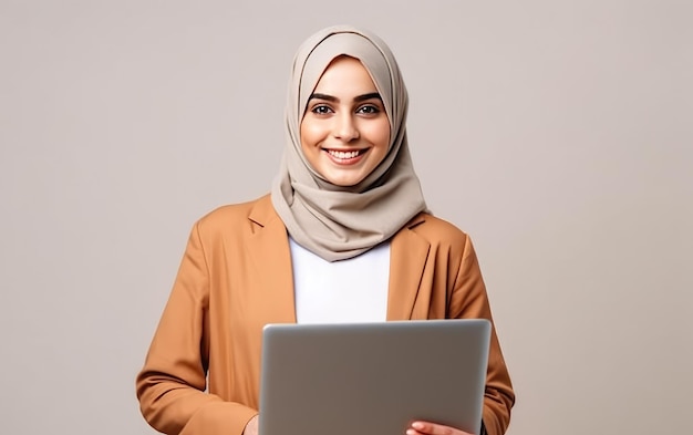 Una donna in hijab tiene in mano un portatile.