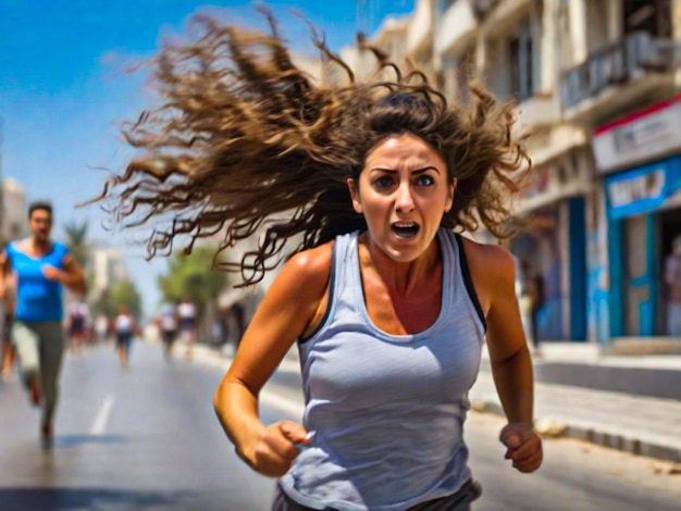 Una donna in Israele entra in panico mentre corre per la strada dopo il lancio di un razzo