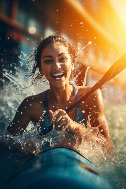 una donna in kayak sorride mentre rema nell'acqua