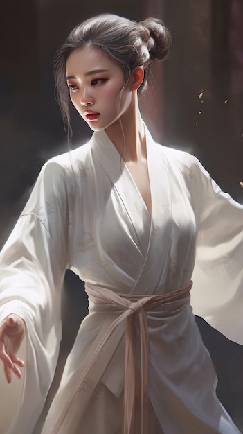 Una donna in kimono bianco con la parola drago sul davanti.
