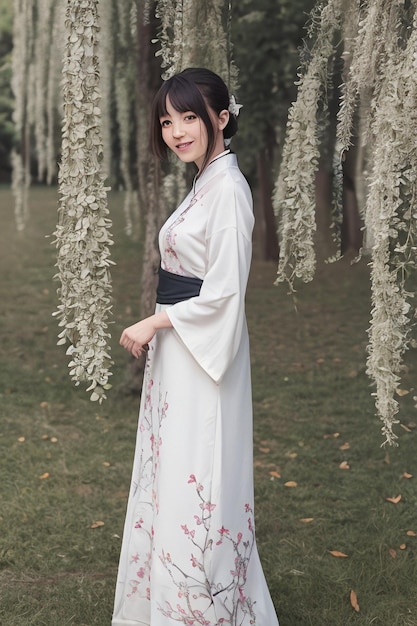 Una donna in kimono bianco con motivo floreale sul davanti