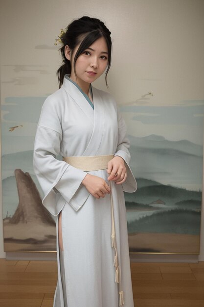 Una donna in kimono bianco è in piedi davanti a un dipinto.