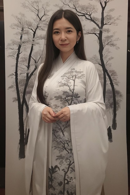 Una donna in kimono bianco si trova di fronte a un dipinto di alberi.