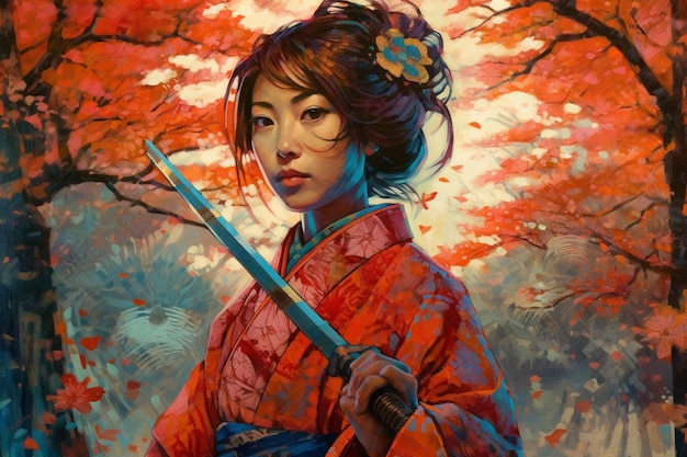 Una donna in kimono che impugna una spada davanti a un albero rosso.