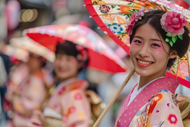 Una donna in kimono che tiene un ombrello