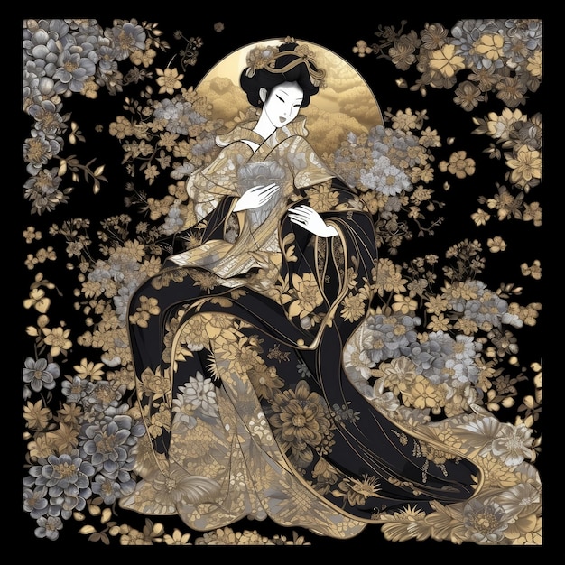 Una donna in kimono con fiori d'oro sul fondo.