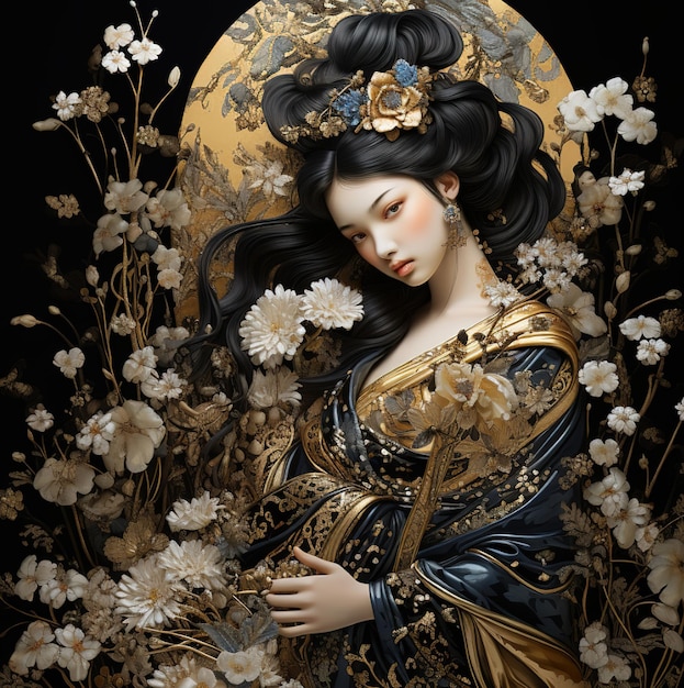 una donna in kimono con fiori e una donna con un copricapo d'oro.