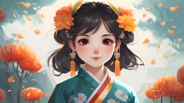 Una donna in kimono con fiori in testa