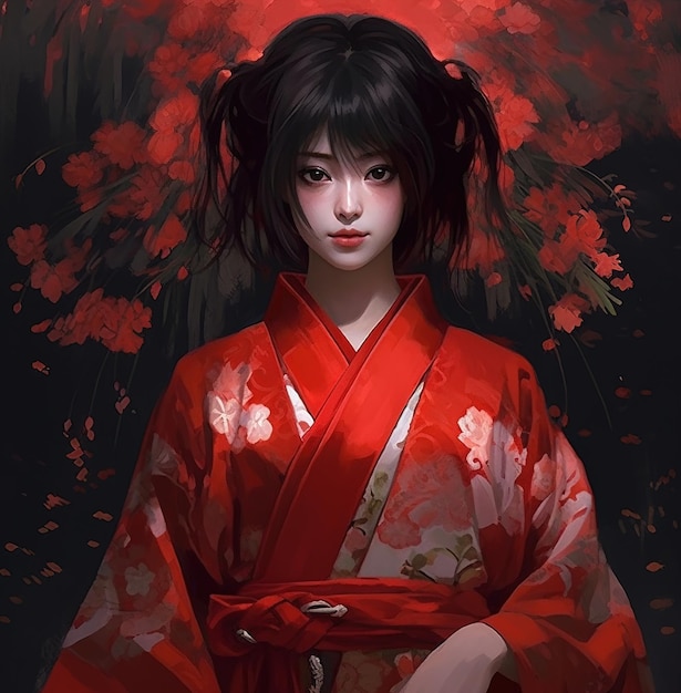 Una donna in kimono con fiori sui capelli