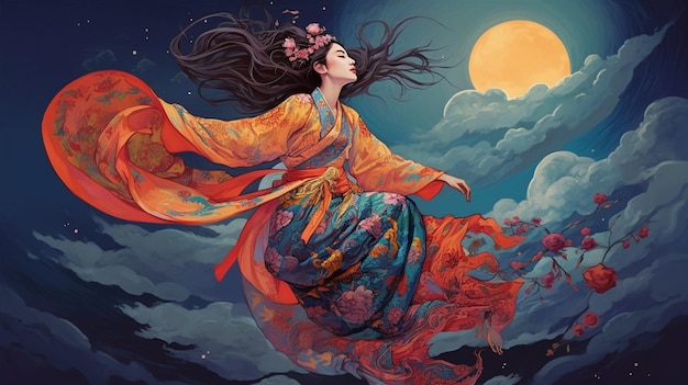 Una donna in kimono con la luna piena sullo sfondo