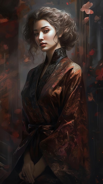 Una donna in kimono con la parola drago sul davanti.