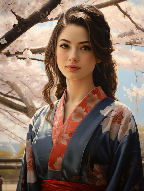 Una donna in kimono con un albero di ciliegio in fiore sullo sfondo.