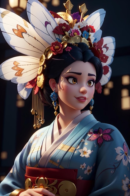 Una donna in kimono con un fiore in testa