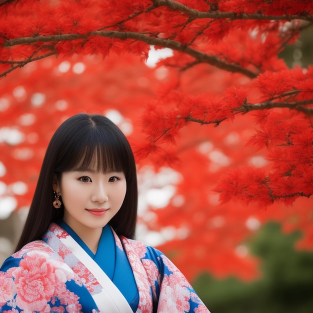 Una donna in kimono si trova di fronte a un albero rosso con un albero di bouganville rosso sullo sfondo.