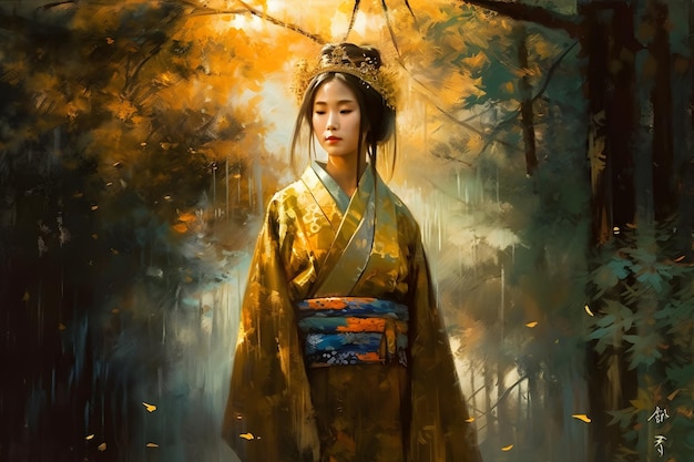Una donna in kimono si trova in una foresta.