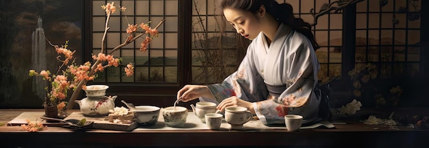 una donna in kimono sta preparando un tè sul tavolo nello stile della fotografia d'arte
