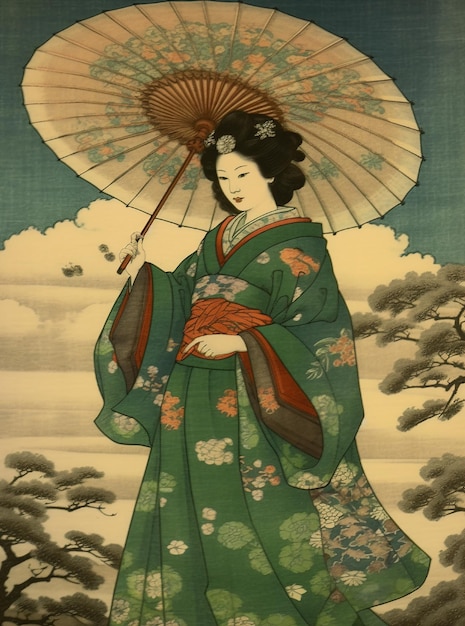 Una donna in kimono verde con sopra un parasole