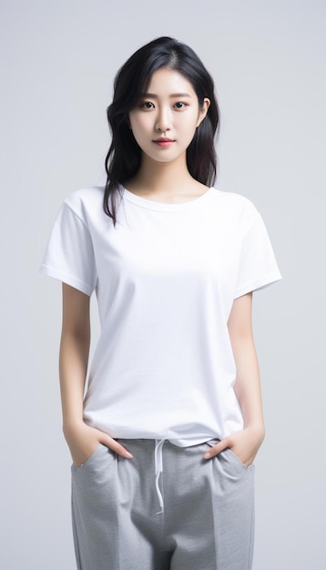 una donna in maglietta bianca con una maglietta Bianca sulla parte anteriore.