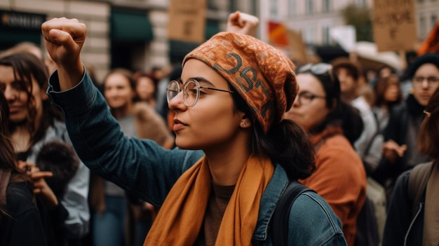 Una donna in mezzo a una folla di persone con la parola "om" in testa